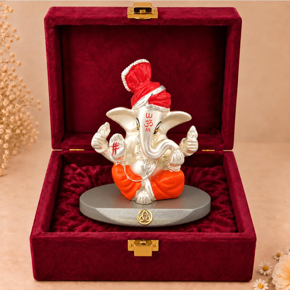 DIVINITI 999 Silver-Plated Lord Ganesha Idol | Ganpati Murti for Car Dashboard, Home, Office & Puja Room | Ganesh Chaturthi, Diwali & Housewarming Gift with Premium Gift Box | 7 x 7 CM