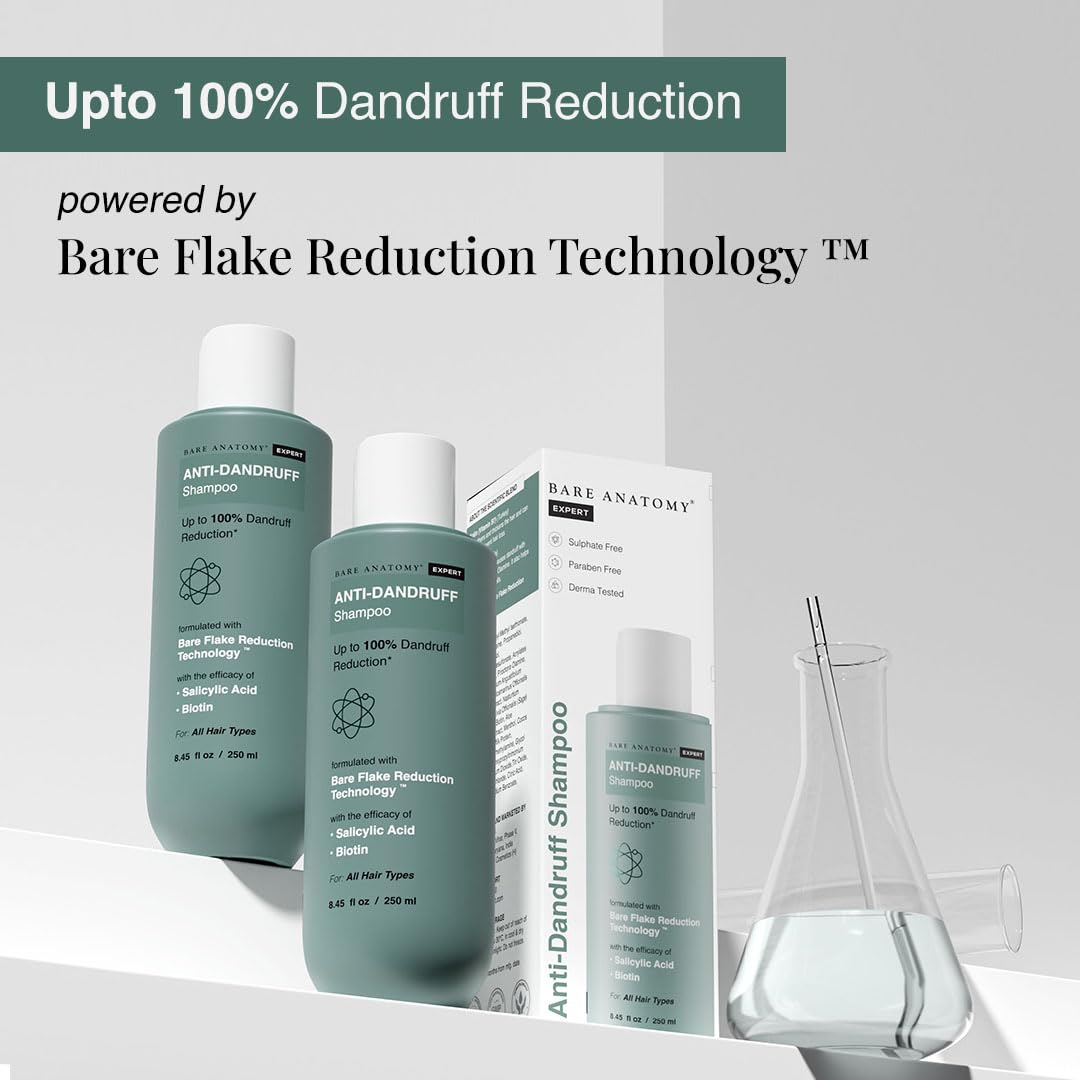 Bare Anatomy Anti-Dandruff Shampoo | Up To 100% Dandruff Reduction | ZPTO-Free | pH 5.3 | Salicylic Acid, Piroctone Olamine & Biotin | Non-Drying Formula | For Strong, Smooth Hair | Unisex