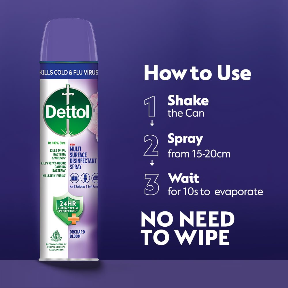 Dettol Multi-Surface Disinfectant Sanitizer Spray Bottle | 24 hours protection| Germ Kill on Hard and Soft Surfaces (Orchard Bloom, 225ml) (Pack of 3)