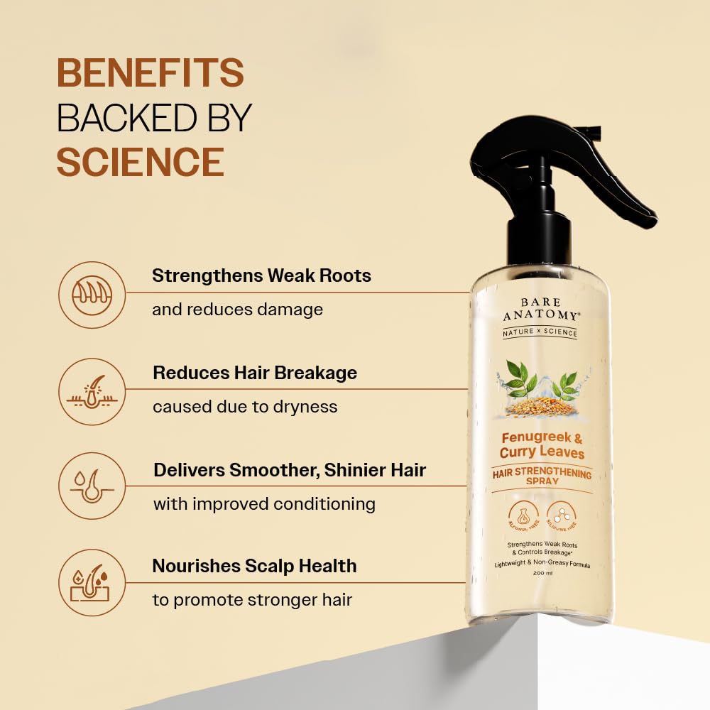Bare Anatomy Nature x Science Hair Fall Control Spray with Methi, Curry Leaves & Amla | For Thicker, Longer Hair | Lightweight & Non-Sticky | 200ml