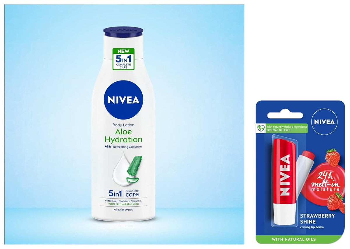 NIVEA Body Lotion, Aloe Hydration, with Aloe Vera for Instant Hydration in Summer, for Men & Women, 200 ml & NIVEA Lip Balm, Fruity Strawberry Shine, 4.8g