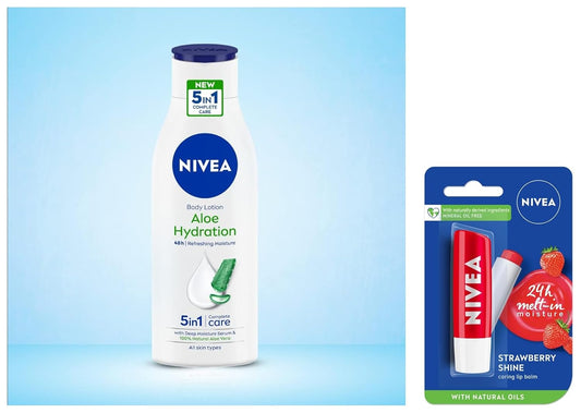 NIVEA Body Lotion, Aloe Hydration, with Aloe Vera for Instant Hydration in Summer, for Men & Women, 200 ml & NIVEA Lip Balm, Fruity Strawberry Shine, 4.8g