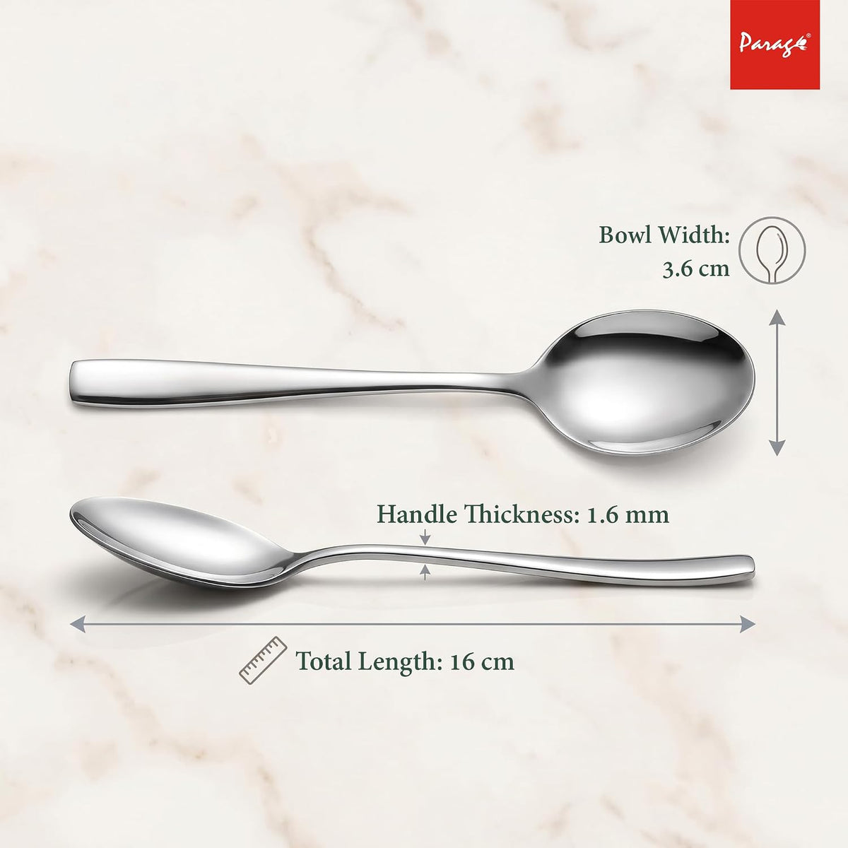 Parage Stainless Steel Spoons Set of 12, Dinner Spoon Length 16cm, Food Grade Silverware for Home & Kitchen- Mirror Polished, 12 Silver Spoons