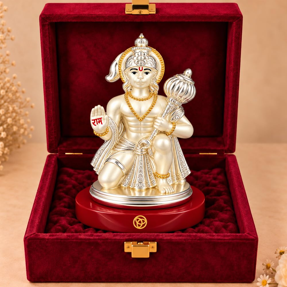 DIVINITI Premium Lord Hanuman Idol with Silver-Tone Finish & Gold Accents | Bajrangbali Idol with Gada, Ram Blessing Hand, Stable Base & Premium Gift Box | Home, Mandir & Gifting | 8.5 x 6.5 cm
