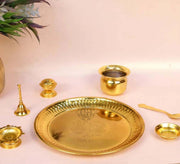 DSH Pure Brass Pooja Thali Plate Set of 7 Special Puja Thali For Diwali Pooja Daily Home Mandir And Diwali Gifting (Gold)