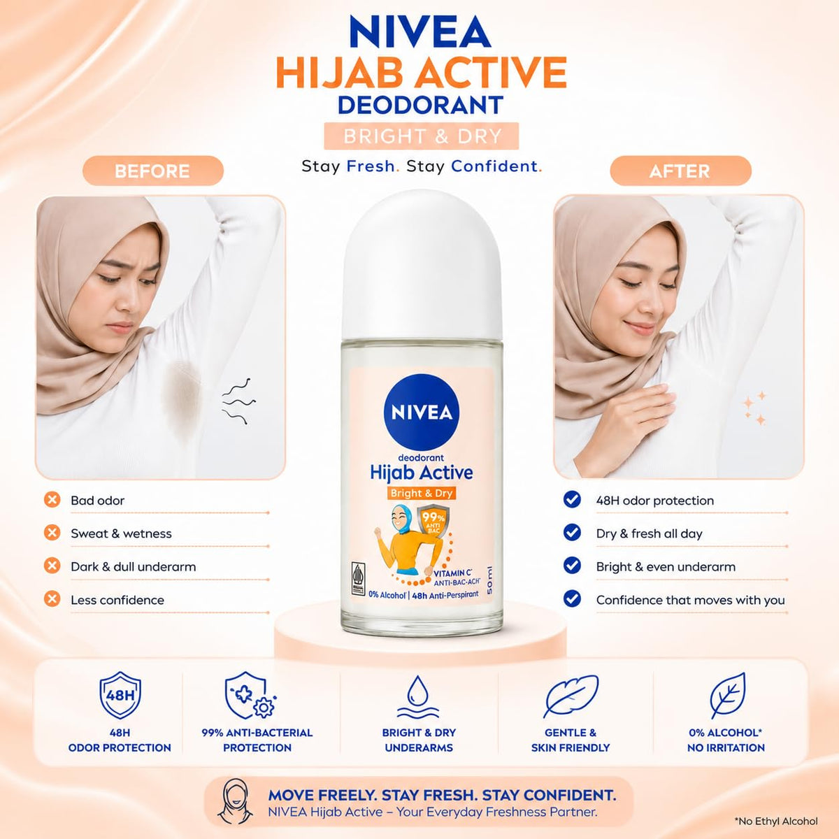 NIVEA Hijab Active Bright & Dry Anti-Perspirant Roll-On Deodorant for Women, 48H Protection, Vitamin C & Anti-Bacterial Formula, 0% Alcohol, 50 ml