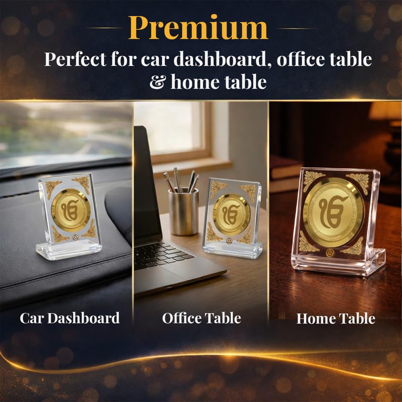 DIVINITI 24K Gold Plated Ik Omkar Acrylic Frame for Car Dashboard, Home Temple & Office Table | Premium Spiritual Gift, Blessings for Protection & Positivity, 8x7 cm Decorative Showpiece