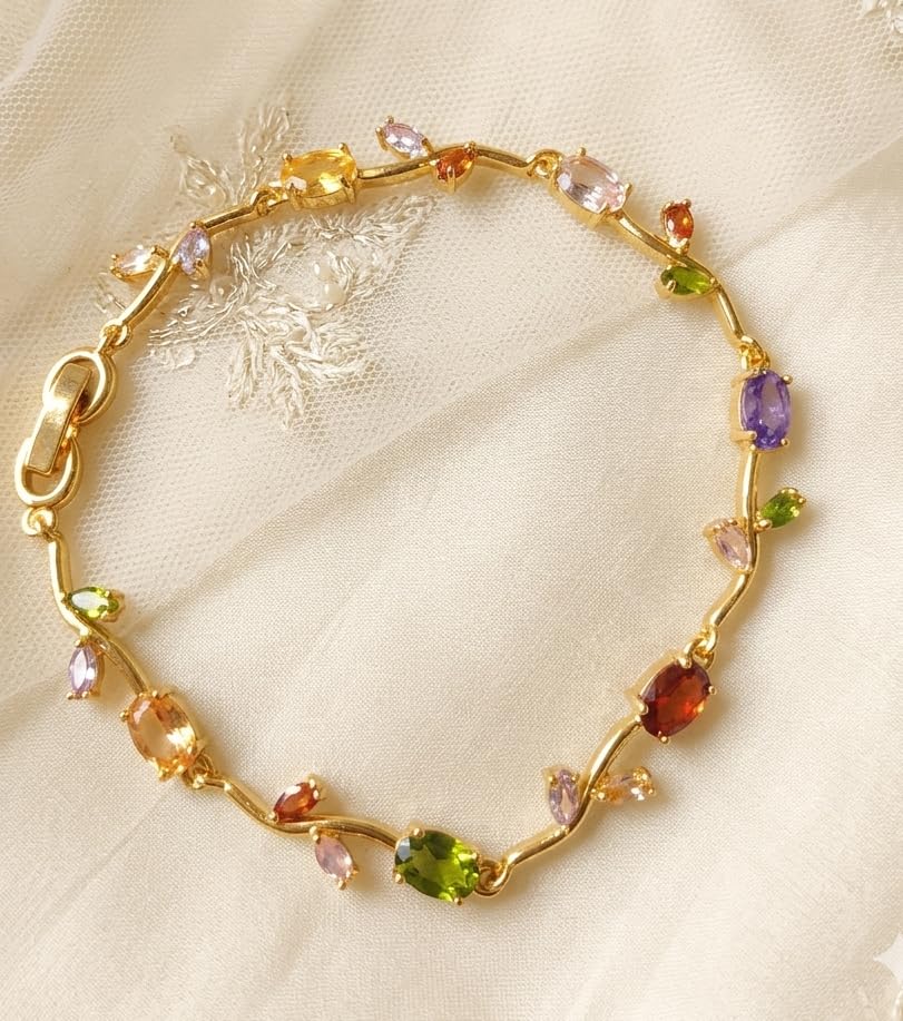NMII 18K Gold Plated Tulip Chain Bracelet For Women & Girls | Anti Tarnish Alloy Kada | Zircon Diamond Tennis Charm Link | Floral Leaf Design | Stylish Daily Party Wedding Jewelry Gift - Pack Of 1