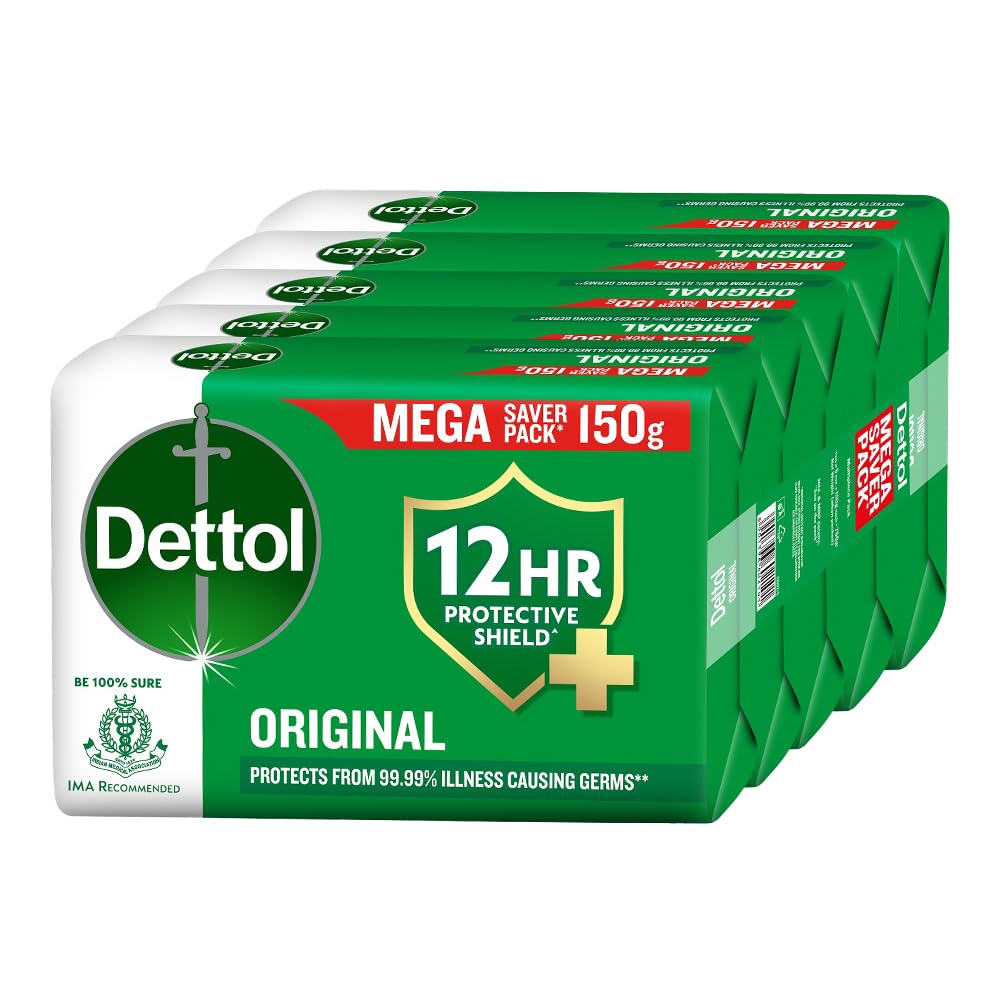 Dettol Original Bathing Soap Bar with 12 HR protective shield (750gm) | Kills 99.99% Germs, 150g (Pack of 5)