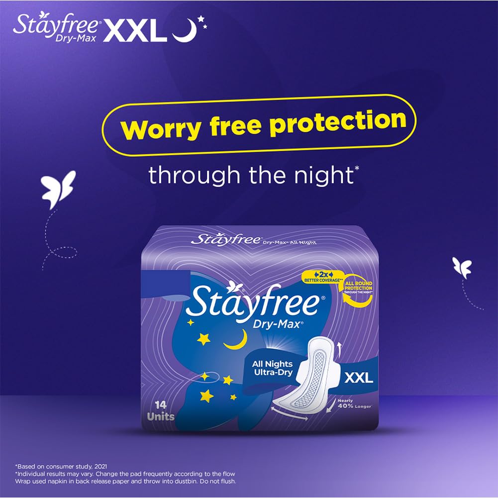 Stayfree Dry Max All Night XXL Sanitary Pads For Women | 14 Pads | Dry Cover | Provides Dry Feel for Up to 12 Hours | Super Lock Gel Pockets to Absorb Heavy Flow