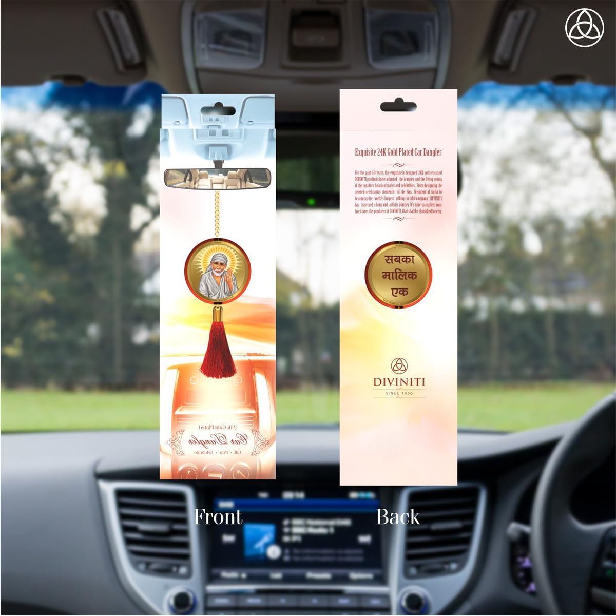 Diviniti 24K Gold Plated Double Sided Sai Baba and OM Car Hanging Sai Baba Dangler Interior Decor Luxurious Gold Plated Hangings Divine Car Accessories for Positive Energy Protection