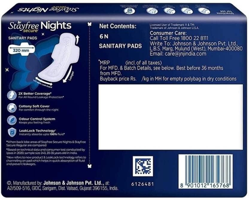 STAYFREE Secuare Night Cottony Soft Comfort Extra Large With XL - 6+6+6+6 Sanitary Pad (Pack of 24)