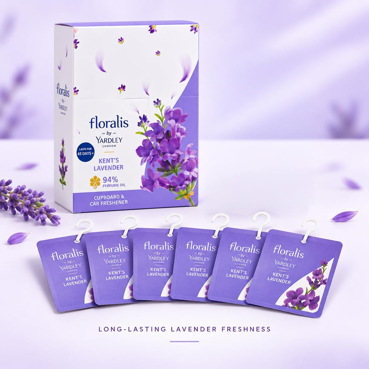 Yardley London Floralis Kent's Lavender Cupboard & Car Freshener (10g) | 94% Perfume Oil Sachet | Long-Lasting Fragrance Up to 45 Days for Wardrobes, Drawers & Cars (Kent Lavender) (Pack of 6)