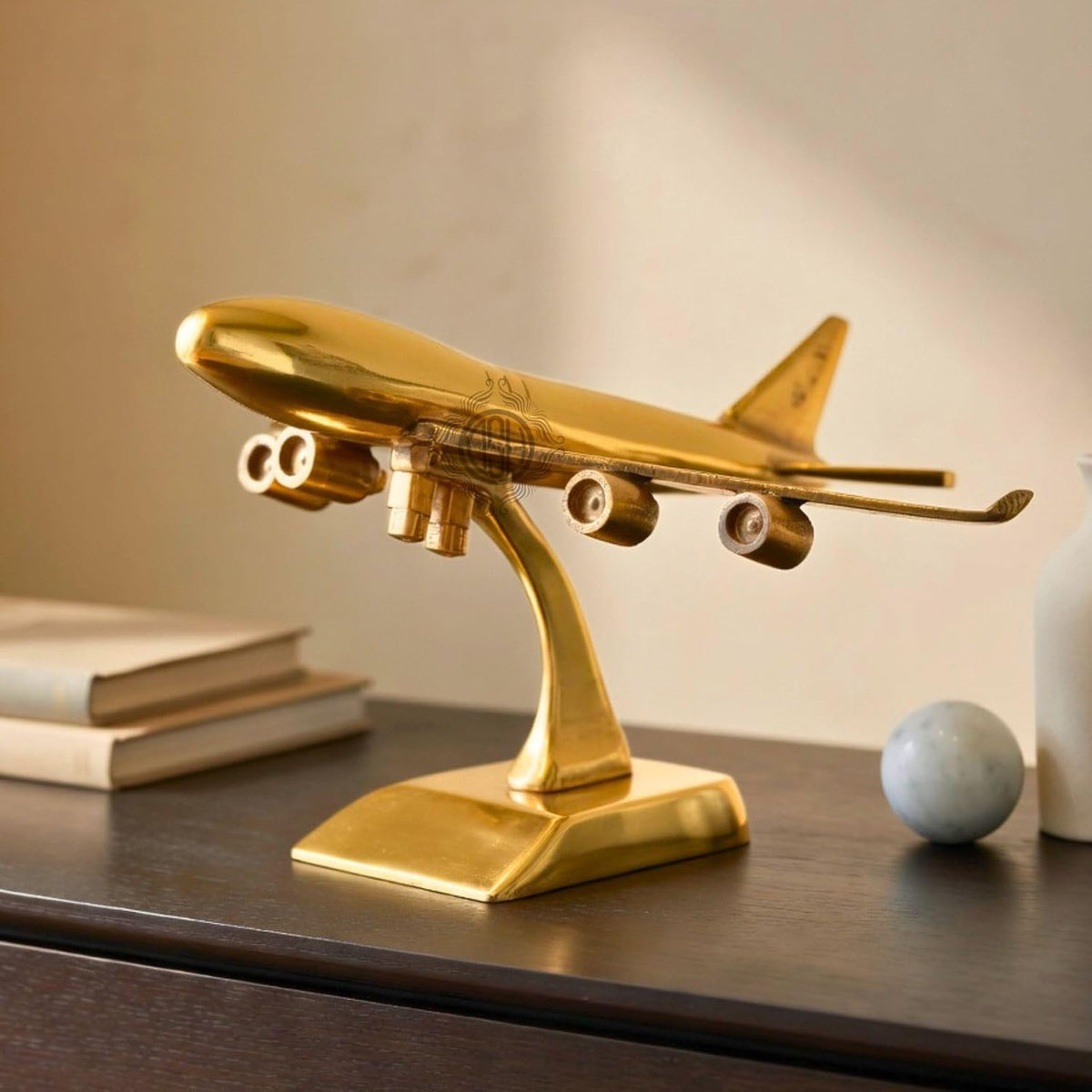 DSH Brass Jet Plane On Stand Table Top Decorative Showpiece for Home Decor & Office Table and Gifting. (Gold)