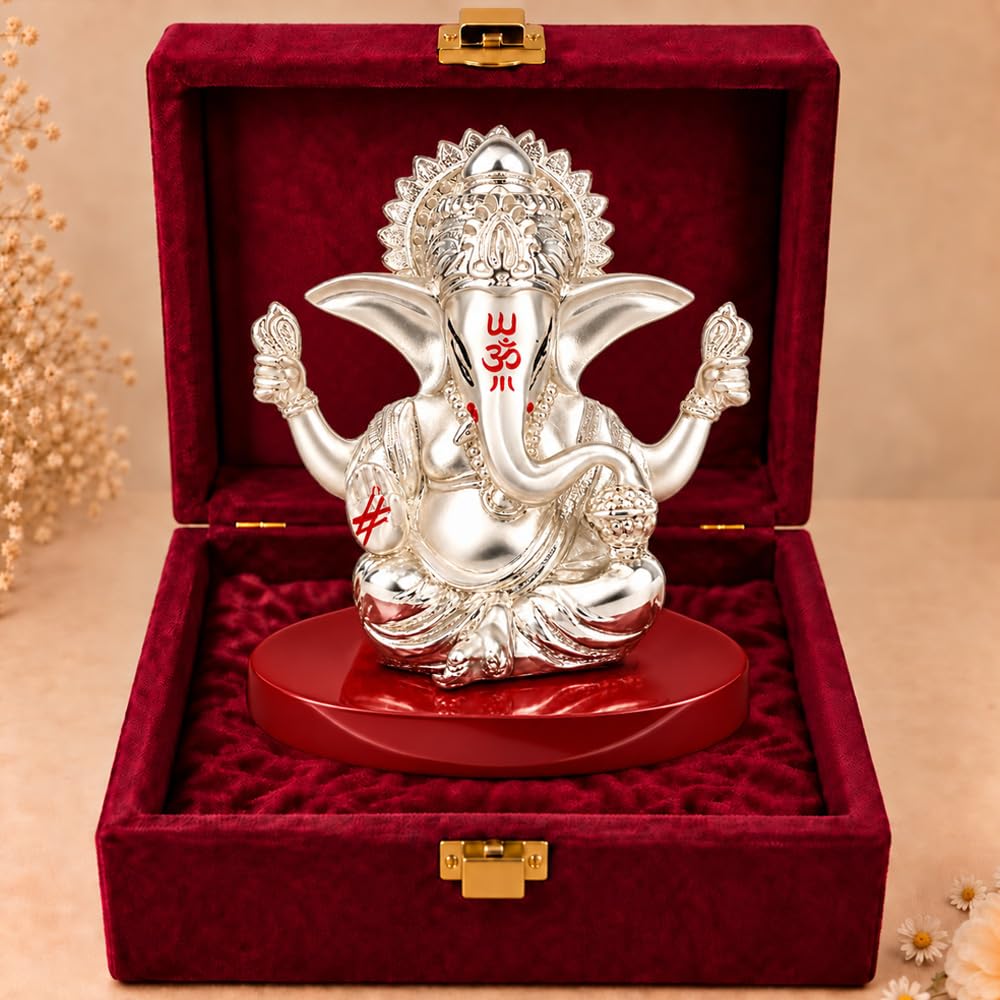 DIVINITI Premium Four Hand Ganesha Idol with Silver-Tone Finish & Vibrant Accents | Lord Ganesh Ji Showpiece with Stable Base & Premium Gift Box | Home, Mandir, Office & Gifting | 8 x 8 cm