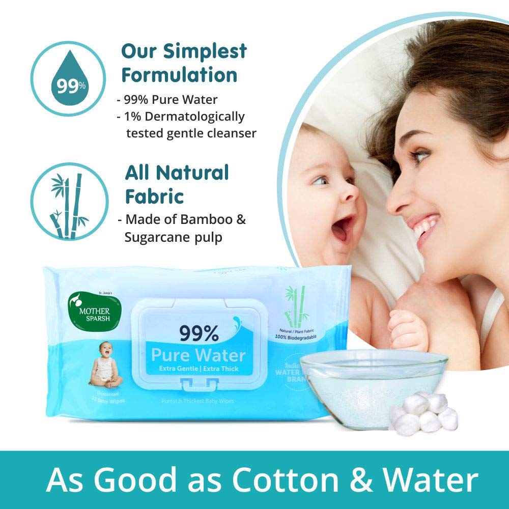 Mother Sparsh 99% Pure Water (72 Unscented Baby Wipes) - Super Thick Fabric (Pack of 5)