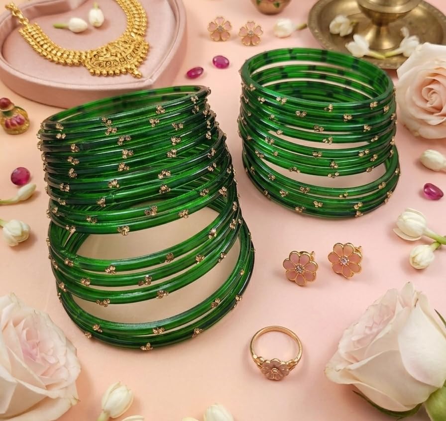 NMII Viral & Trendy Glass Bangles with Zircon Gemstone Work For Women & Girls | Designer Glass ki Chudi | Stylish Kanch Ki Choodi | Stylish Girl's Bangles Bracelet for Wedding, Party - Set of 24