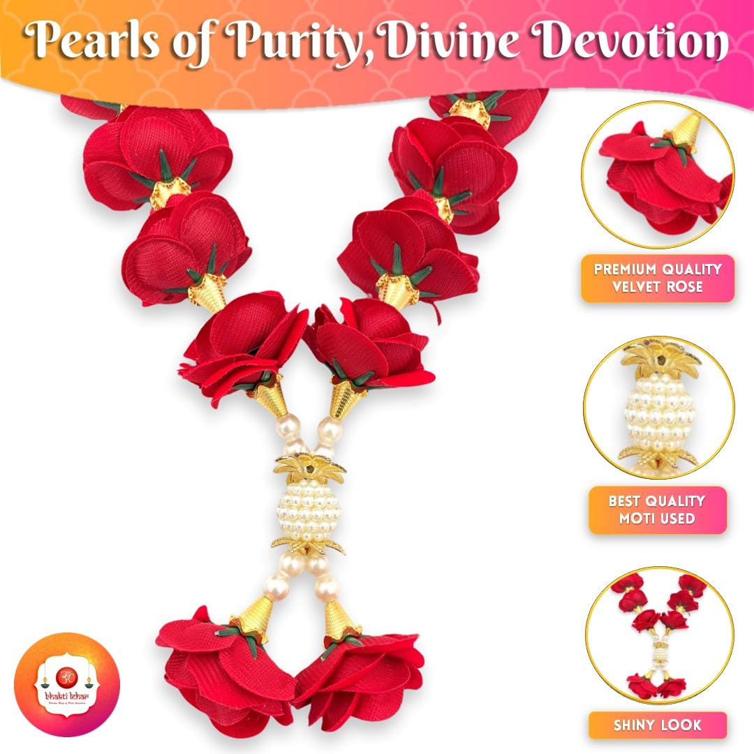 Bhakti Lehar Velvet Rose Flower Garland for Photo Frame and God Idol/Artificial Pearl Moti Gulab Mala Haar (30 Inch)