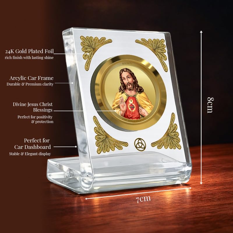DIVINITI 24K Gold Plated Religious Car Dashboard Frame | Premium God Idol Frame for Car, Home Mandir & Office Table | Spiritual Gift, Decorative Showpiece | Jesus Christ