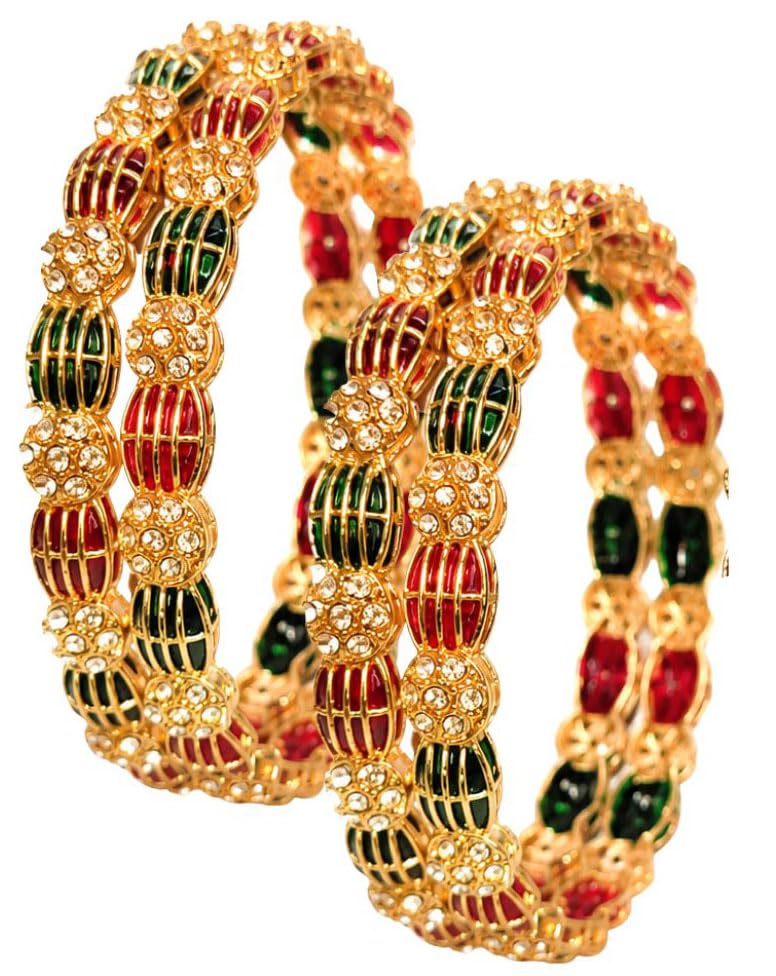 NMII Gold Plated Red Green Stone Kada With Floral Pattern For Women & Girls | Designer Kangan | Traditional Metal Bangle | Wedding Festive & Occasion Bangles - Set Of 4