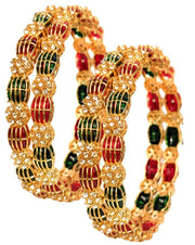 NMII Gold Plated Red Green Stone Kada With Floral Pattern For Women & Girls | Designer Kangan | Traditional Metal Bangle | Wedding Festive & Occasion Bangles - Set Of 4