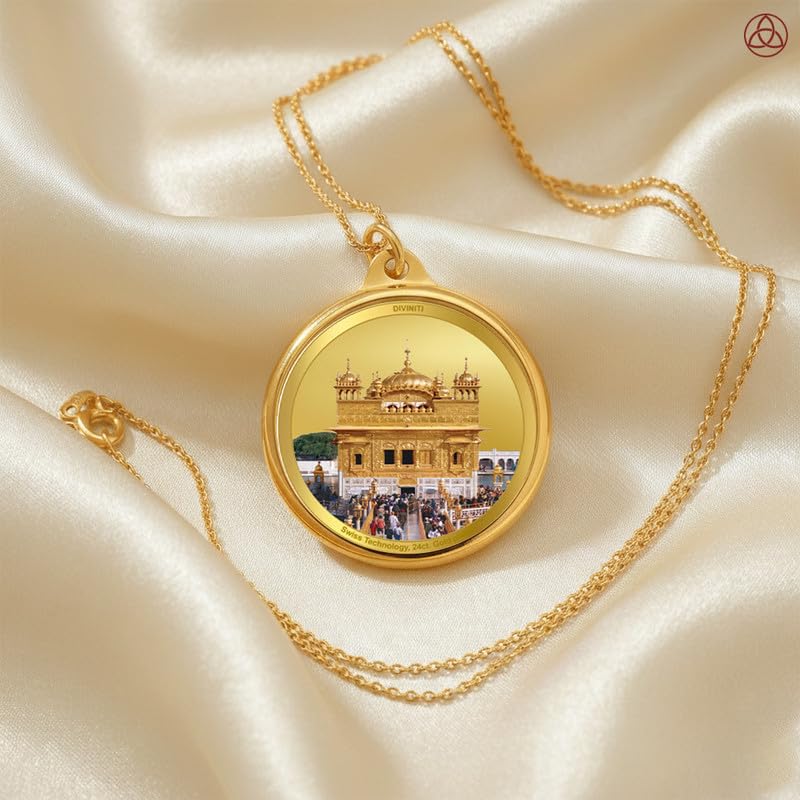 DIVINITI 24K Gold Plated Double-Sided Religious Pendant with Premium Gift Box, Spiritual Locket for Men & Women, Devotional Jewellery for Gifting & Everyday Wear | Guru Nanak & Golden Temple