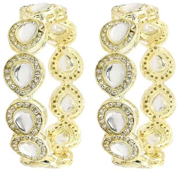 NMII Premium Silver Alloy Metal With Kundan Beads & Zircon Diamond Kada Bangles Set For Women & Girls | Designer Women's Kangan Chudi | Wedding, Party, Everyday, Occasion- Set Of 2 Kada