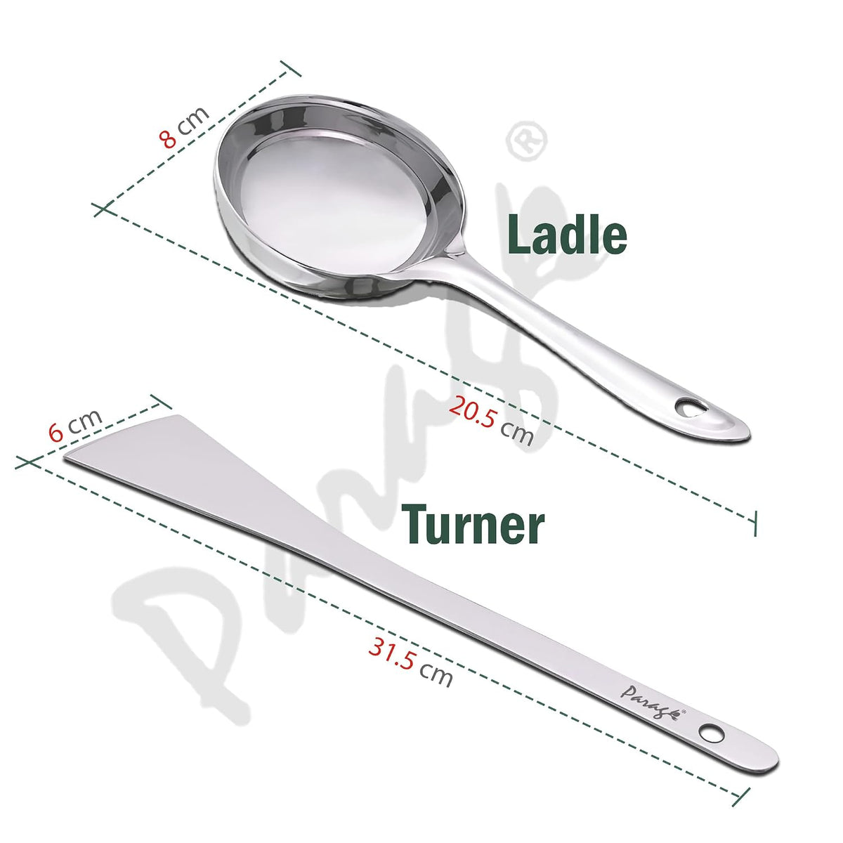 Parage 2 Pieces Stainless Steel Dosa Ladle & Turner/Palta Heavy Gauge | Dosa Making Spoon with Flat Base and Spatula | Kitchen Tools for Cooking (Size-20.5cm, 31.5cm, Silver)
