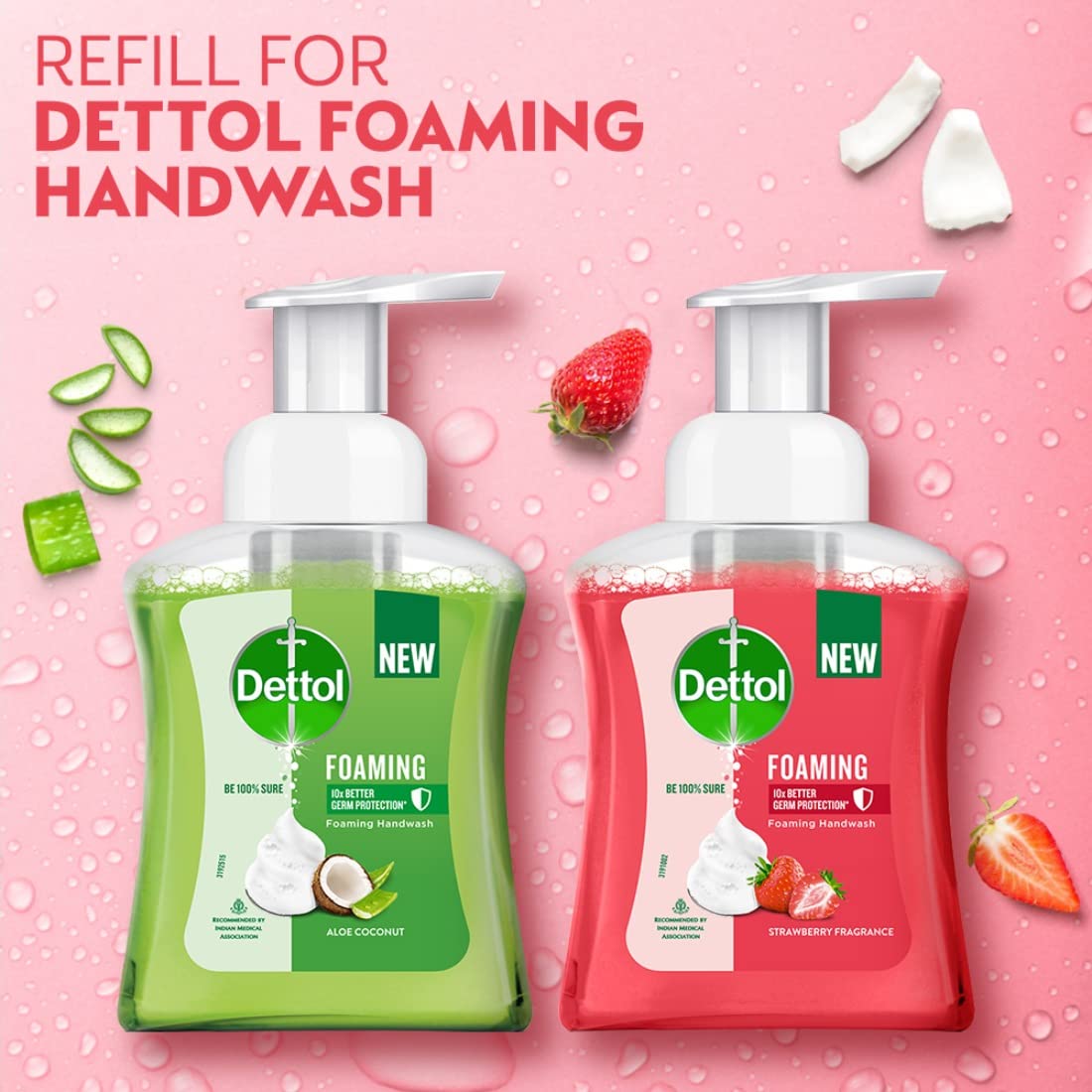 Dettol Foaming Handwash Pump + Refill Combo, Strawberry (250ml + 700ml) | Rich Foam | Moisturizing Hand Wash | Soft on Hands