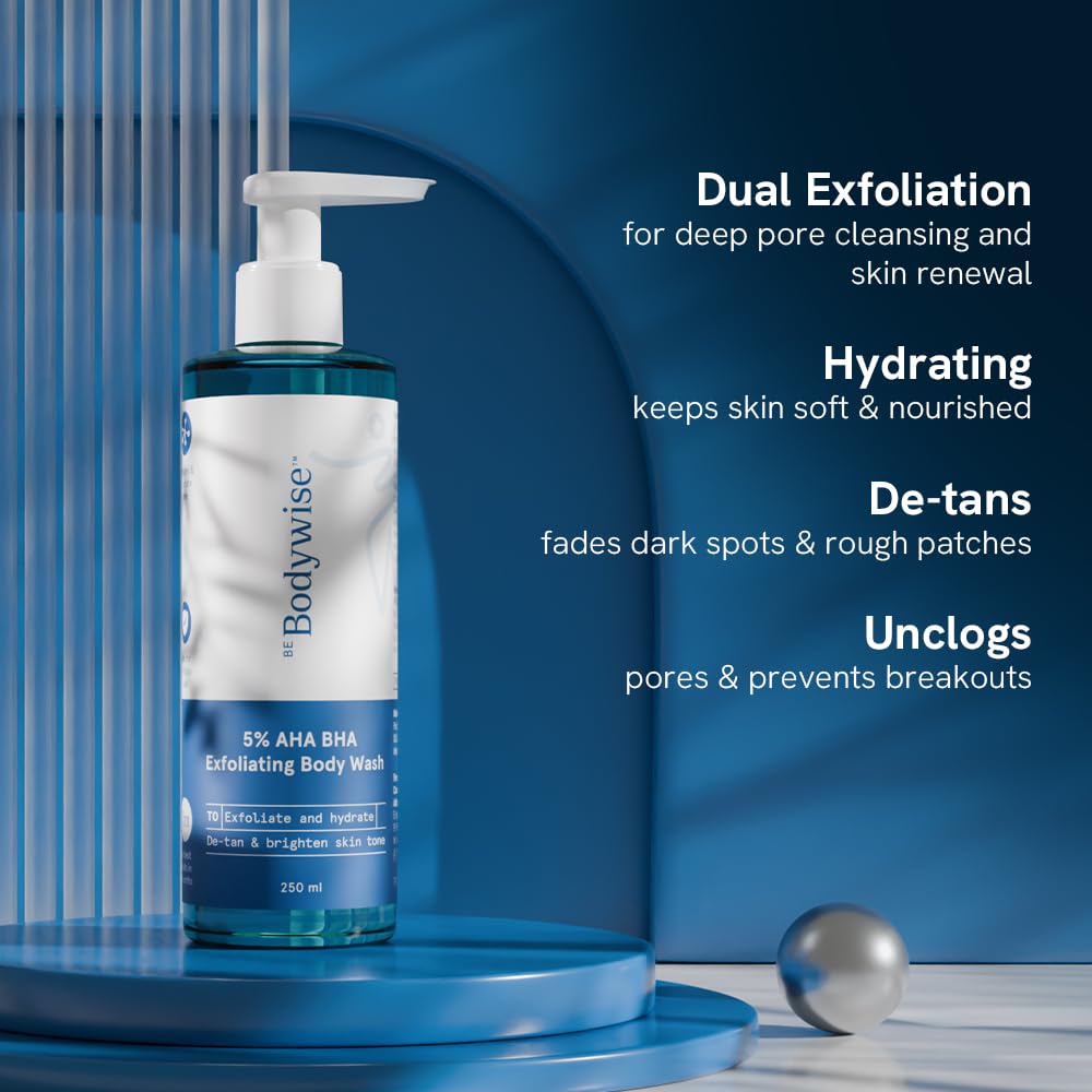 Be Bodywise 5% AHA BHA Detan Exfoliating Body Wash(250ml) & 10% AHA BHA Body Bathing Scrub(300g) | Reduces Strawberry Skin, Tan & Body Acne | Lactic Acid, Glycolic Acid & Shea Butter | All Skin Types