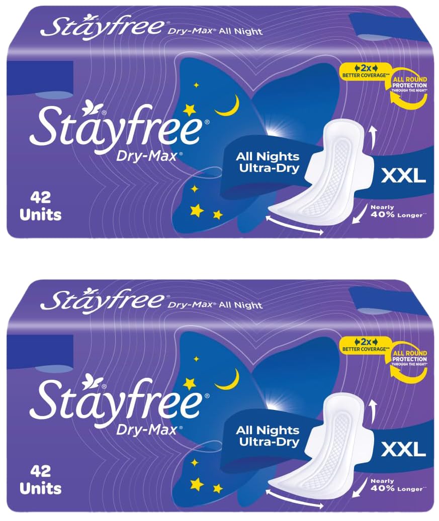 Stayfree Dry Max XXL | All Night XXL Dry Cover Sanitary Pads for Women | Convert Heavy flow into Gel | Odour Control | Absorbs 2x more with wider back | Superior Dry feel | Ultra Thin Pads | 42 Pads