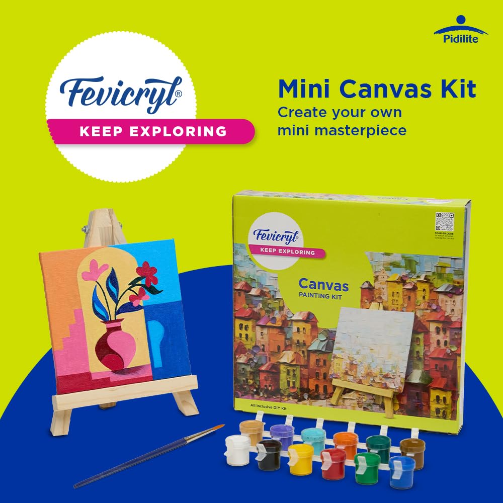 Fevicryl Canvas Painting Kit, All-Inclusive DIY Art Kit with Mini Canvas, Fevicryl Acrylic Colours, Painting Brush and Wooden Easel, Ideal Gift for Students, Beginners and Art Enthusiasts