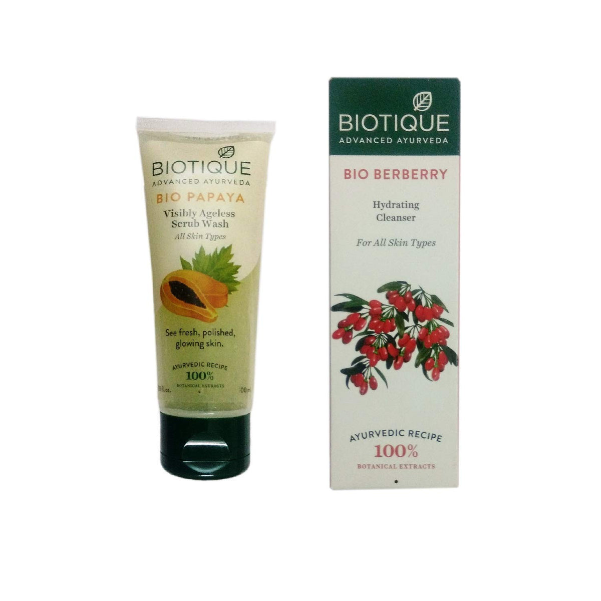 BIOTIQUE BIO WHITE ADVANCED FAIRNESS FACE WASH 100ML +BIOTIQUE BIO BERBERRY HYDRATING CLEANSER 120ML