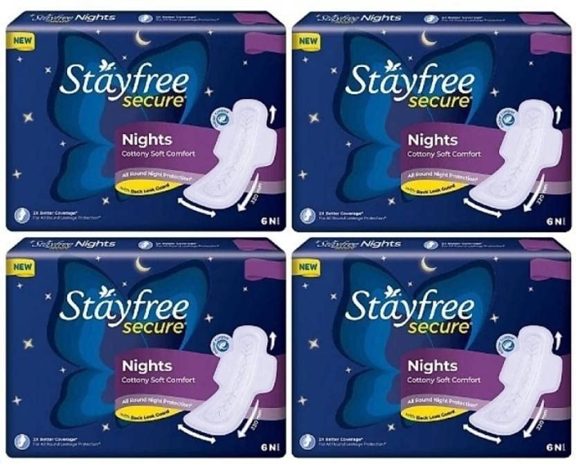 STAYFREE Secuare Night Cottony Soft Comfort Extra Large With XL - 6+6+6+6 Sanitary Pad (Pack of 24)