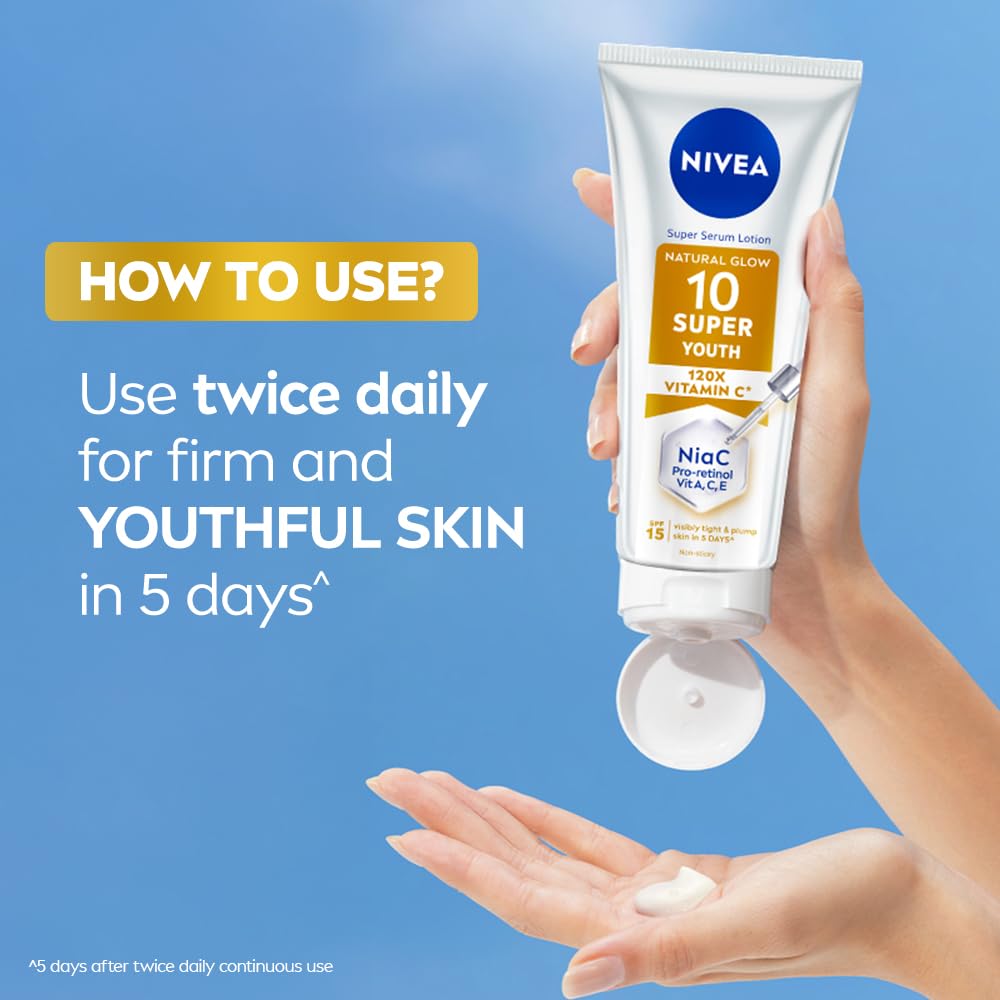NIVEA Super 10 Youth Body Serum Lotion 170ml | Niacinamide Retinol 120X Vitamin C Body Lotion SPF15 Daily Sunscreen | Skin Tightening, Lightweight, Fast Absorbing Moisturizer | Youthful & Firm Skin in 5 Days