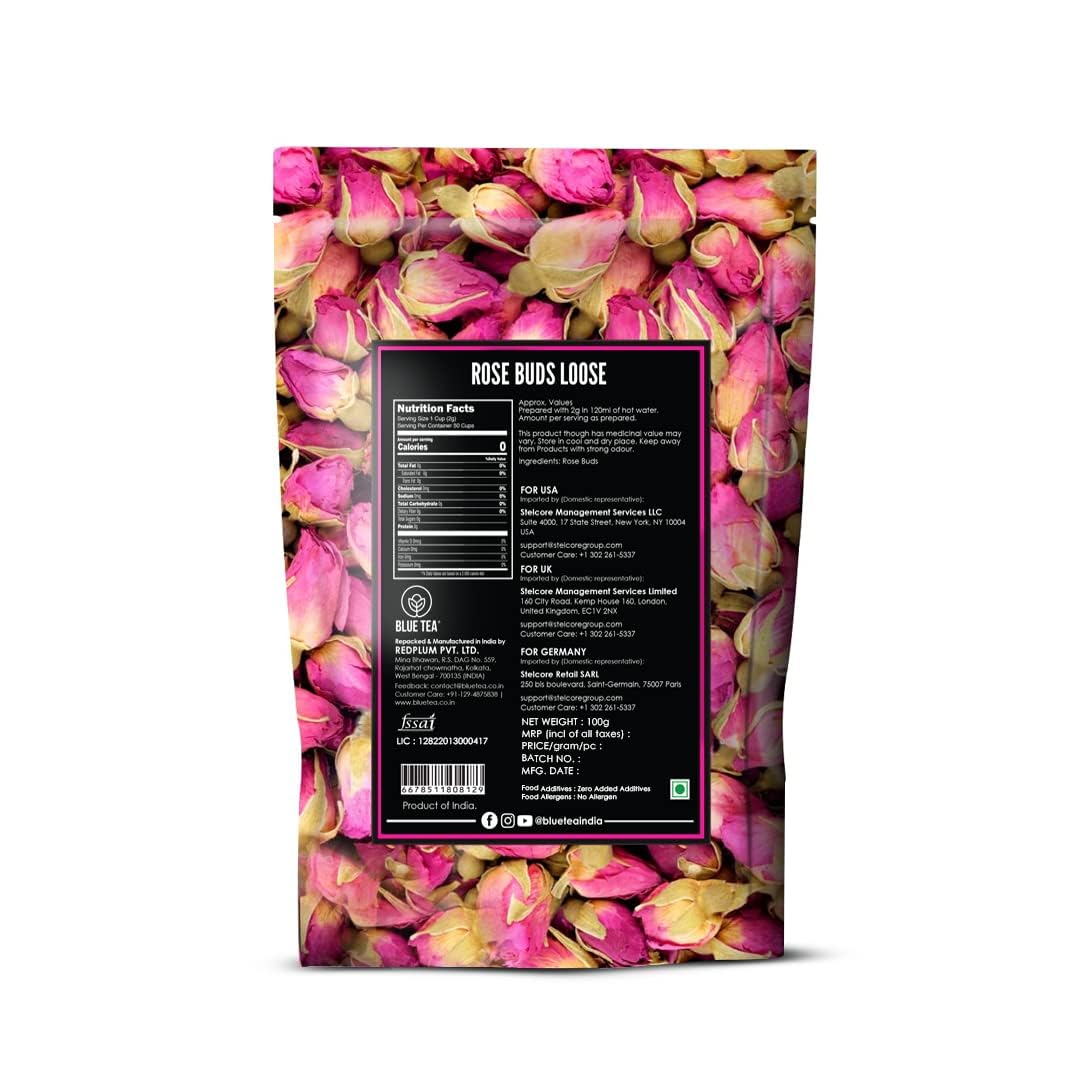 BLUE TEA - Rose Buds Tea - 100gm - 100 Cups | RICH VITAMIN-C | Beautiful Hair & Skin - Caffeine Free - Flower Based - Herbal Tea | Premium Zipper Pack