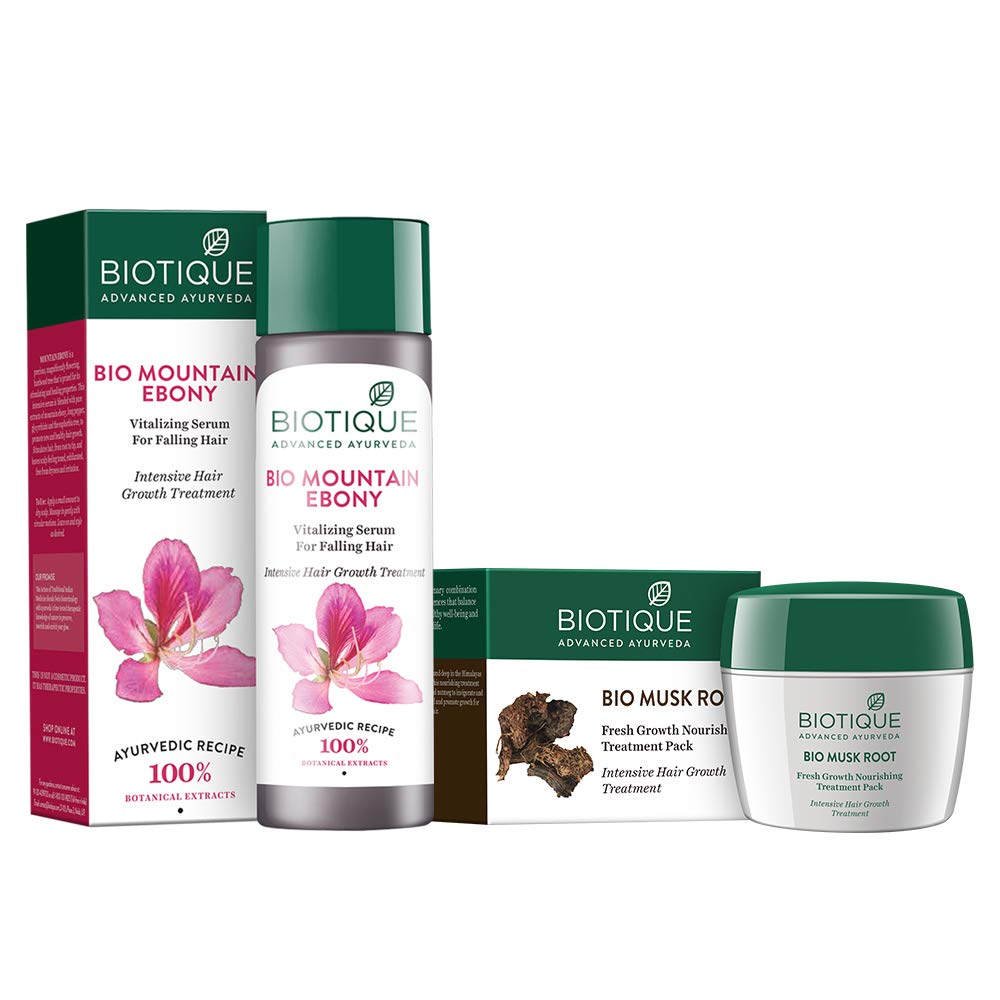 Biotique Bio Mountain Ebony Vitalizing Serum for Falling Hair Intensive Hair Growth Treatment, 120ml and Biotique Bio Musk Root Fresh Growth Nourishing Treatment, 230g (Pack of 2)