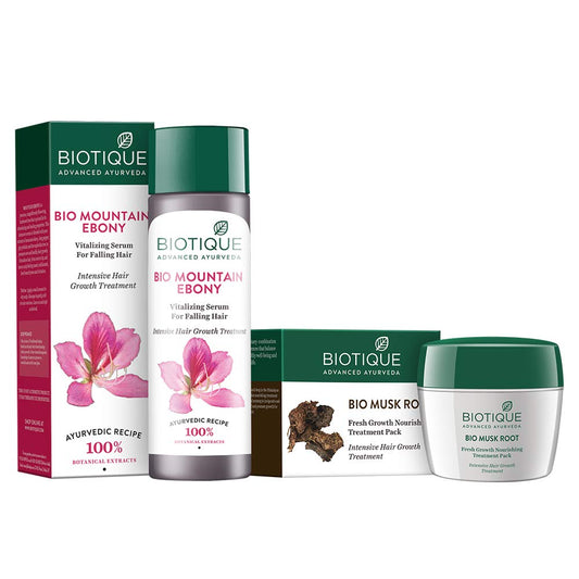 Biotique Bio Mountain Ebony Vitalizing Serum for Falling Hair Intensive Hair Growth Treatment, 120ml and Biotique Bio Musk Root Fresh Growth Nourishing Treatment, 230g (Pack of 2)