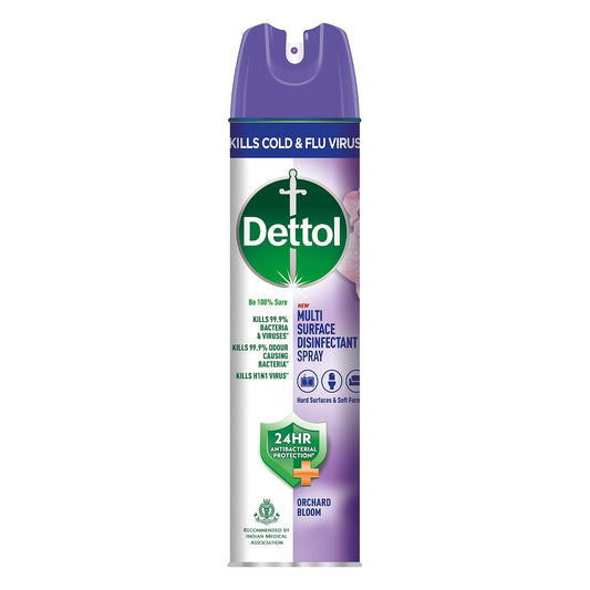 Dettol Multi-Surface Disinfectant Sanitizer Spray Bottle | 24 hours protection| Germ Kill on Hard and Soft Surfaces (Orchard Bloom, 225ml)