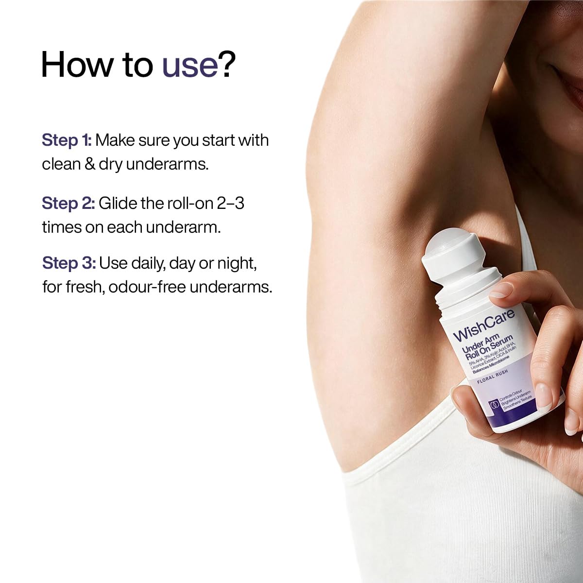 WishCare Underarm Roll On For Women With 5% AHA, 3% Kojic Acid, BHA, Licorice, Inulin - Underarm Lightening & Odour Control - Long Lasting Floral Fragrance