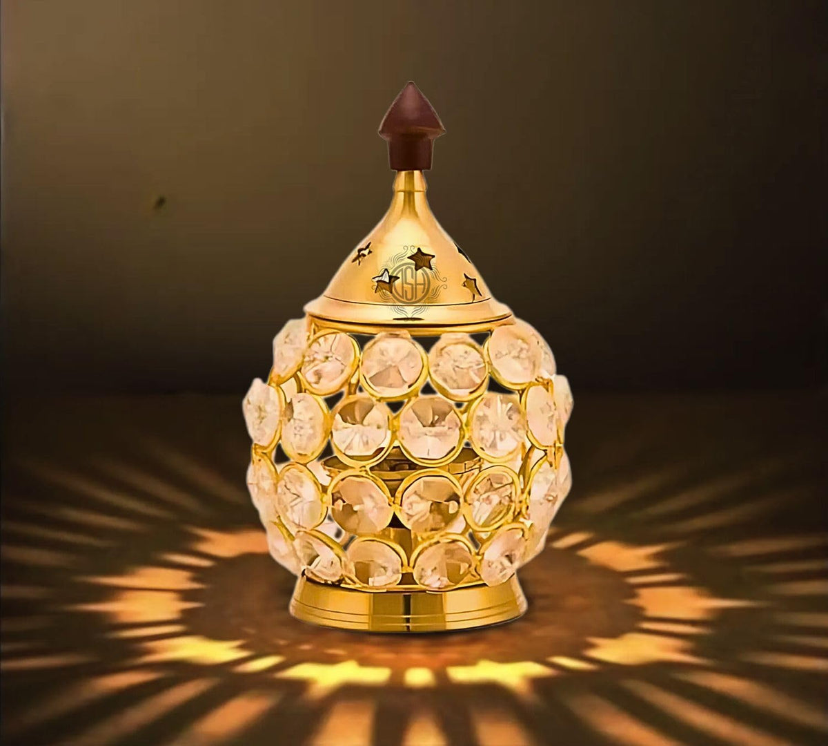 DSH Brass and Crystal Akhand Diya for Puja Decorative Crystal Oil Lamp Tea Light Holder Home Decor Diwali Decoration Diya.
