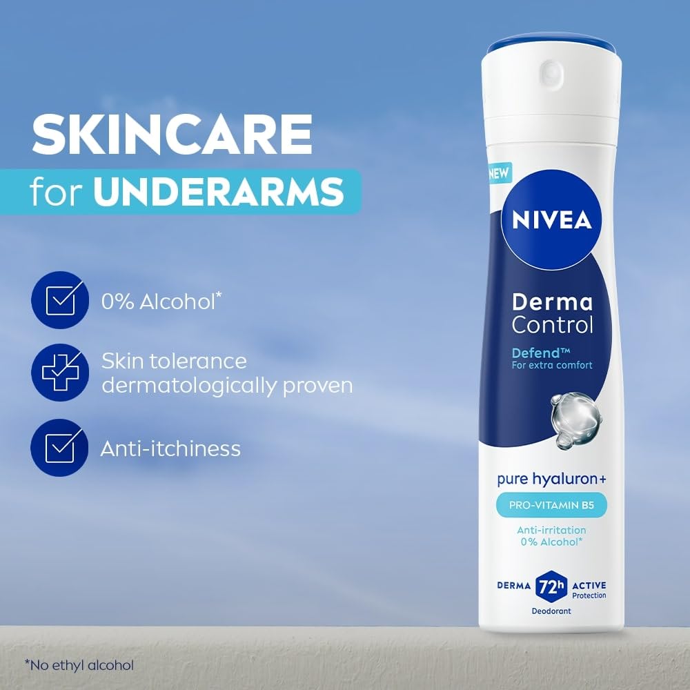 NIVEA Derma Control Defend Deodorant Spray | 0% Alcohol Deodorant | With Pure Hyaluron & Pro Vitamin B5 | Long Lasting with 72h Active Protection | For Underarm Care| Deodorant Spray for Women 150 ml