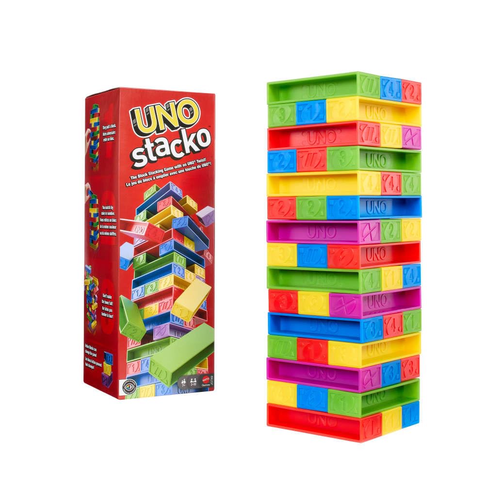 Mattel Games UNO Stacko Game for Kids & Family with 45 Colored Stacking Blocks & Loading Tray, Build & Play, Game Nights & Parties