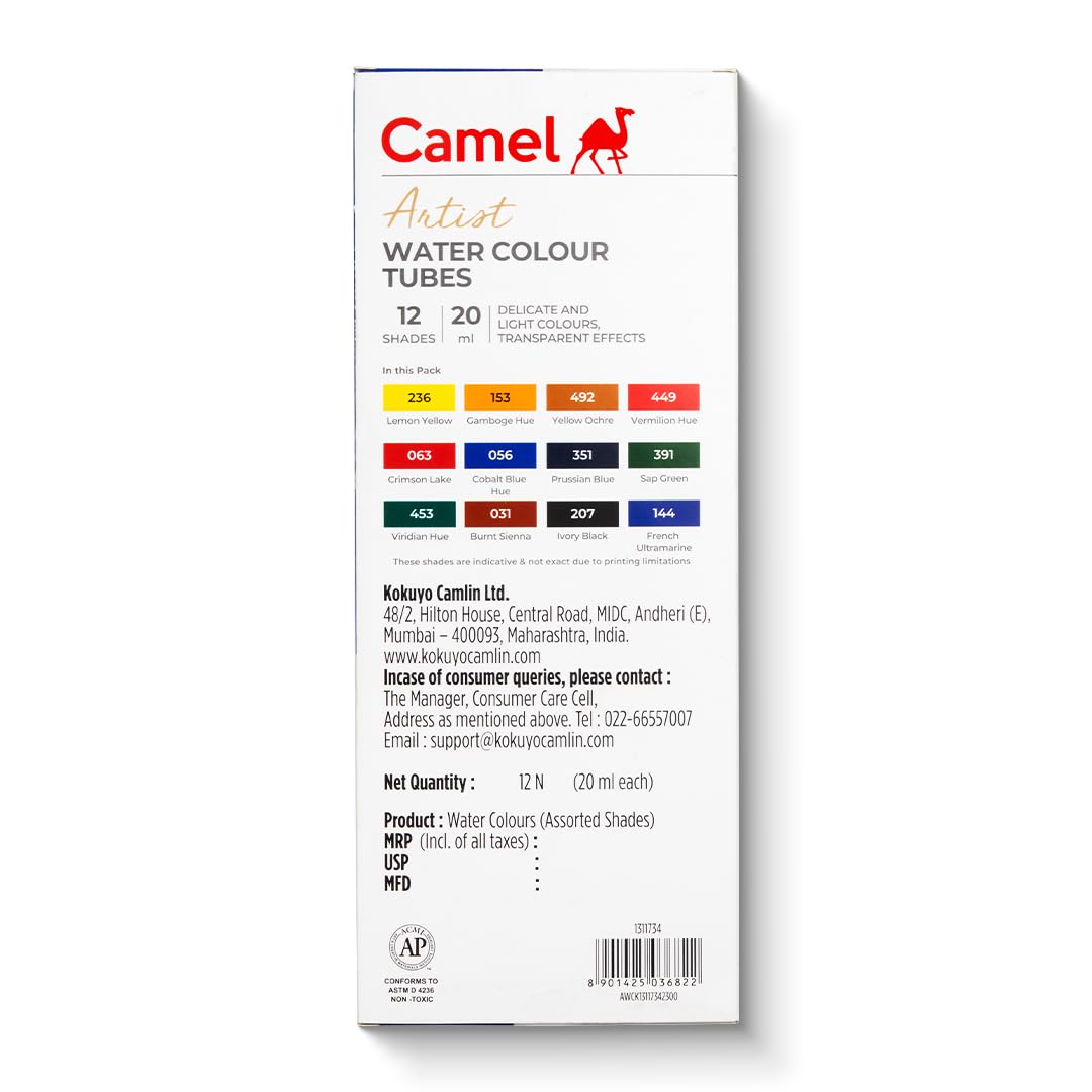 Camel Artist's Water Color - 20ml Each, 12 Shades
