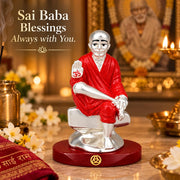DIVINITI Premium Sai Baba Idol with Silver-Tone Finish & Red Accents | Shirdi Sai Baba Showpiece with Blessing Hand, Decorative Base & Premium Gift Box | Home, Mandir, Office & Gifting | 9 x 6.5 cm