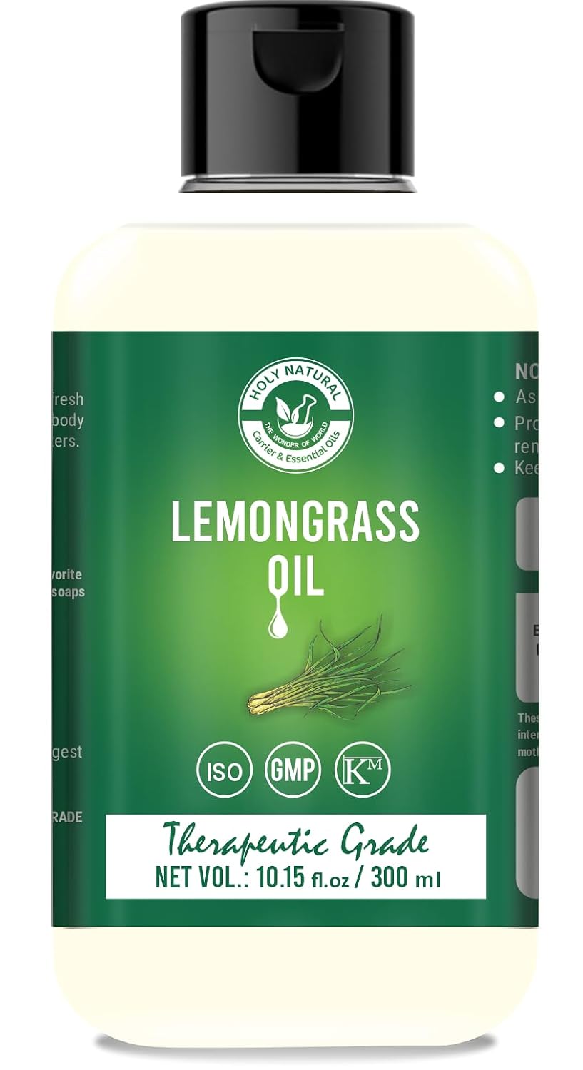 Holy Natural Lemongrass Oil for Hair Fall, Moisturising Skin, Face | Therapeutic Grade, Steam Distilled, Home Diffuser | 300ml