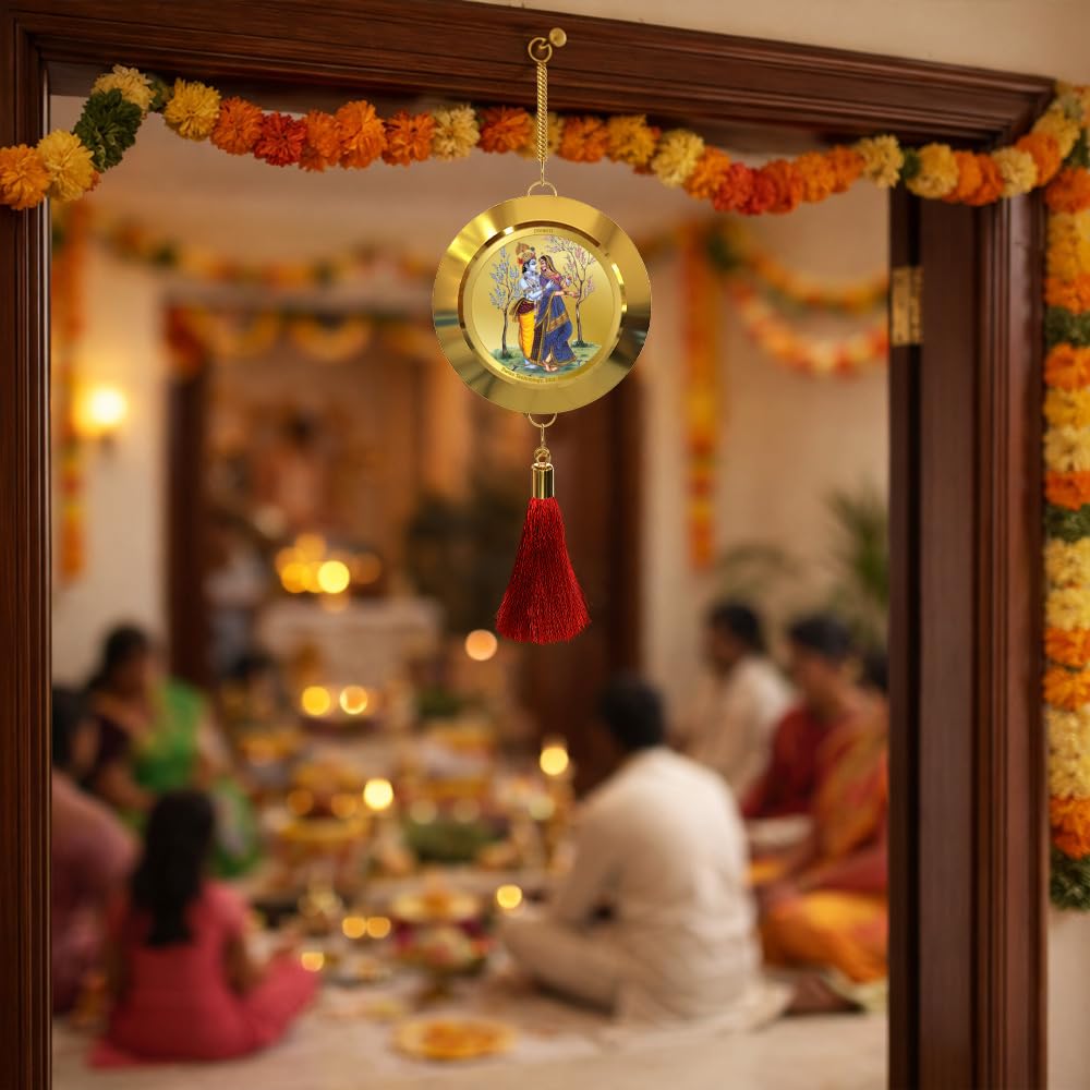 Diviniti 24K Gold Plated Radha Krishna & Bal Gopal Double Sided Hanging for Home Entrance Door, Vastu Spiritual Decor, Religious Hanging, Love, Blessings & Positive Energy Gift Item