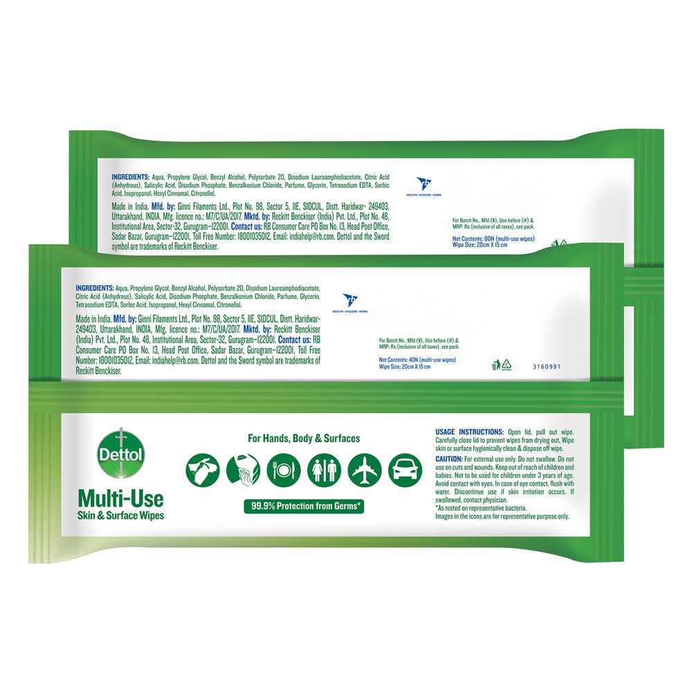 Dettol Disinfectant Sanitizer Wet Wipes for Skin & Surfaces, Original – 80 Count & Disinfectant Skin & Surface Wipes, Original – 40 Count