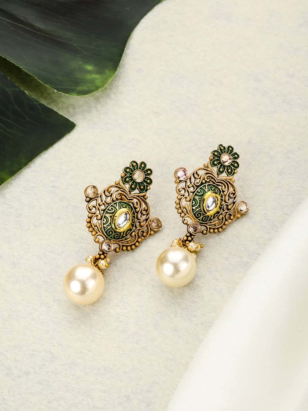 Priyaasi Green Kundan Pearls Gold Plated Floral Drop Earring