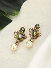 Priyaasi Green Kundan Pearls Gold Plated Floral Drop Earring